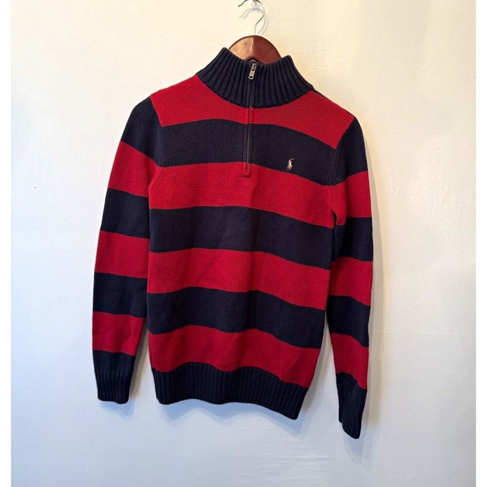 Polo Ralph Lauren Boys L 16/18 Sweater Red Navy Stripe Quarter Zip Cotton